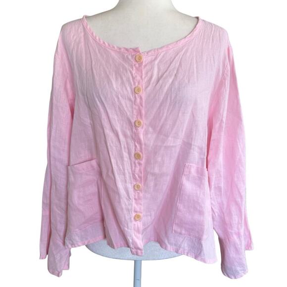 Flax 100% Linen Button Up Top Pink Bell Sleeves M Coastal Beach Preppy Prep - Picture 1 of 11